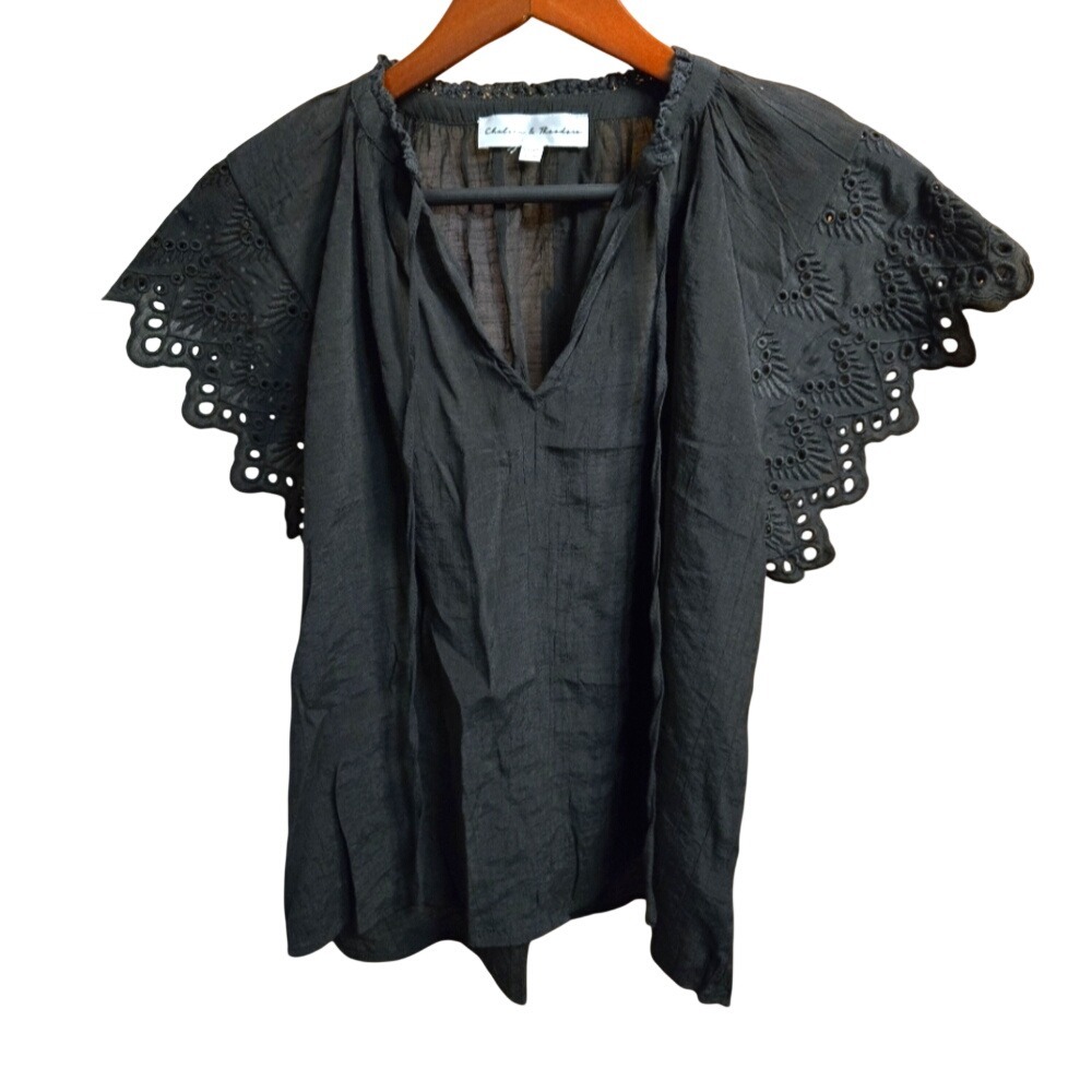 Chelsea &‎ Theodore Black Eyelet Sleeve Top